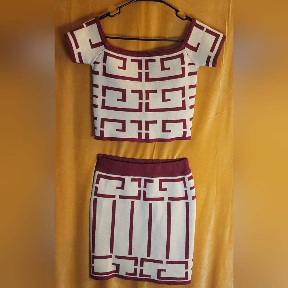 Womens Matching Burgundy & Cream Two-Piece Light Weight Sweater Skirt Set